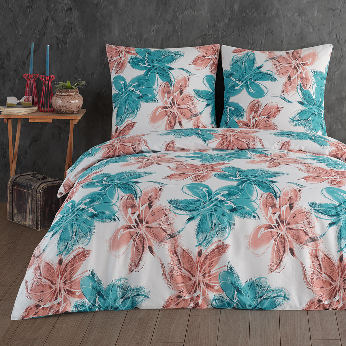 Renforcé Bettwäsche Set Trendy, Blumen, 100% Baumwolle, Reißverschluss, 80x80 cm Kissenbezug – Bild 1