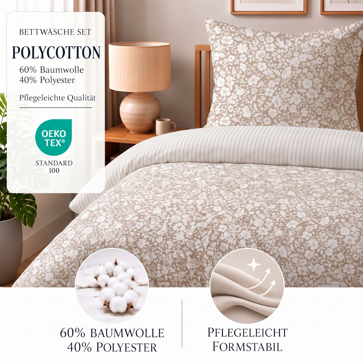 Bettwäsche Meadow Beige, Reißverschluss, 80x80 cm Kissenbezug, Polycotton – Bild 3