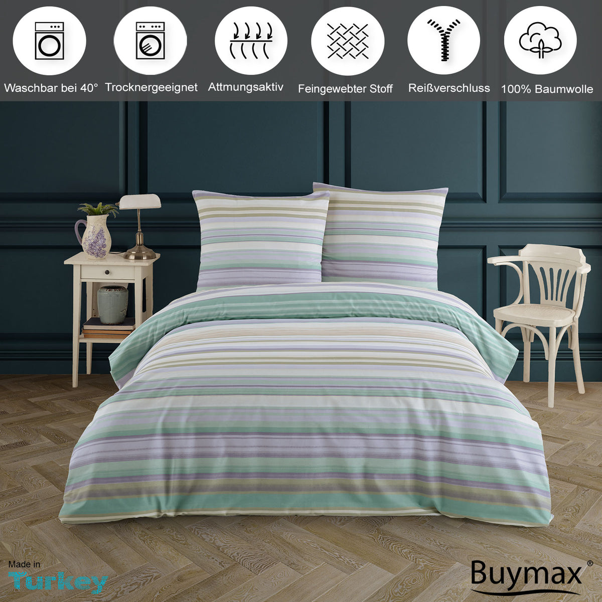 Buymax Bettwäsche-Set mit zarten Pastellstreifen auf einem stilvoll eingerichteten Bett. Oben Symbole mit Hinweisen auf Pflege und Qualität: waschbar bei 40 °C, trocknergeeignet, atmungsaktiv, feingewebter Stoff, Reißverschluss, 100 % Baumwolle.