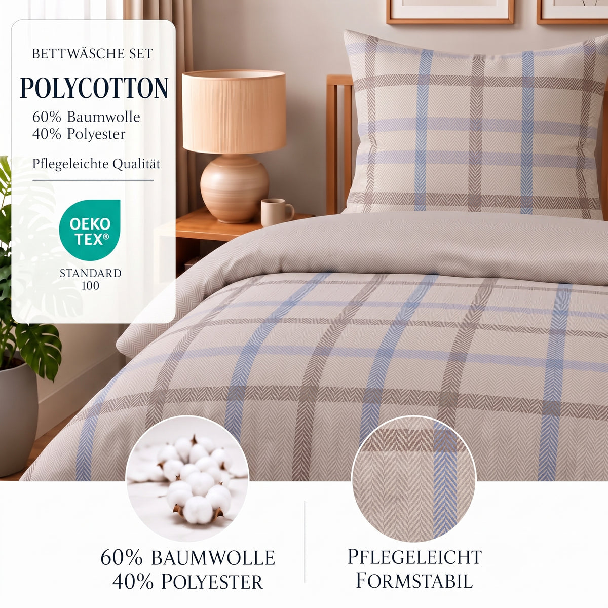 Bettwäsche Peak Beige, Reißverschluss, 80x80 cm Kissenbezug, Polycotton – Bild 3