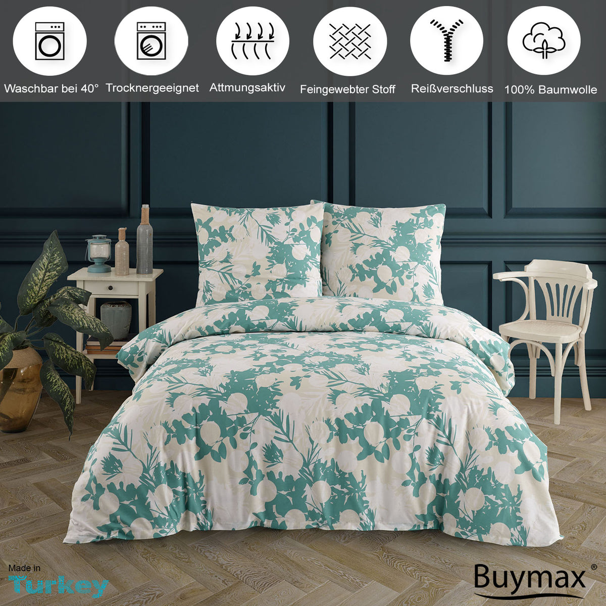 Buymax Bettwäsche-Set mit weiß-grünem Naturmotiv auf einem Doppelbett, dargestellt in elegantem Schlafzimmerinterieur. Darüber Symbole für Pflegehinweise und Eigenschaften: waschbar bei 40 °C, trocknergeeignet, atmungsaktiv, feingewebter Stoff, Reißverschluss, 100 % Baumwolle.