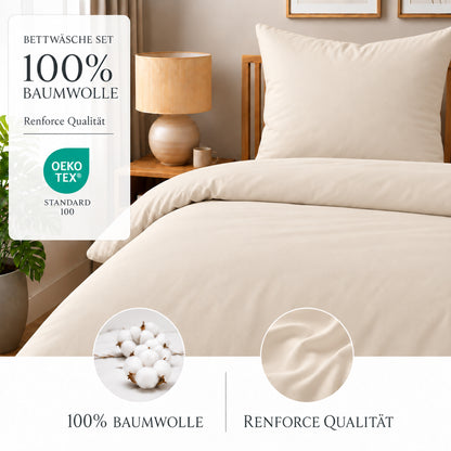 4 teilig Bettwäsche 135x200 Renforcé Uni Creme – Bild 2