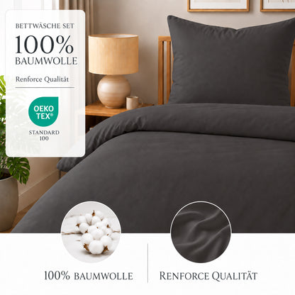 4 teilig Bettwäsche 135x200 Renforcé Uni Anthrazit – Bild 2
