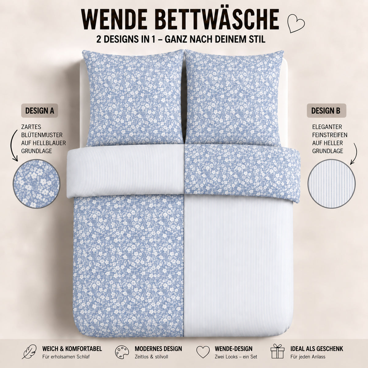 Bettwäsche Meadow Blau, Reißverschluss, 80x80 cm Kissenbezug, Polycotton – Bild 4