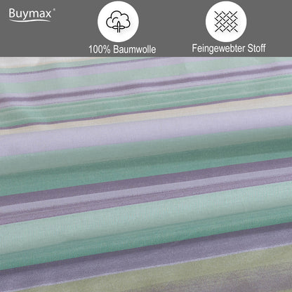 Nahaufnahme des Stoffes mit zarten, farblich abgestimmten Streifen in Mint, Flieder, Weiß und Beige. Icons oben im Bild: „100 % Baumwolle“ und „Feingewebter Stoff“.