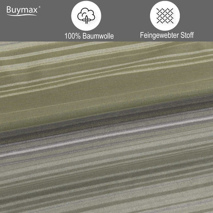  Nahaufnahme des Stoffes der Bettwäsche mit horizontalen Streifen in Olivgrün, Grau und Weiß. Oben im Bild die Icons „100 % Baumwolle“ und „Feingewebter Stoff“.