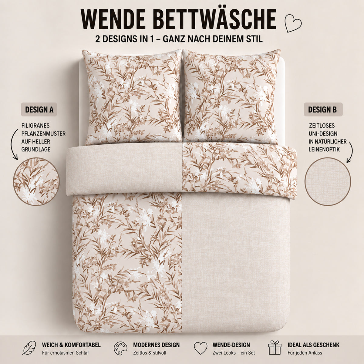 Bettwäsche Yaprak, Reißverschluss, 80x80 cm Kissenbezug, Polycotton – Bild 3