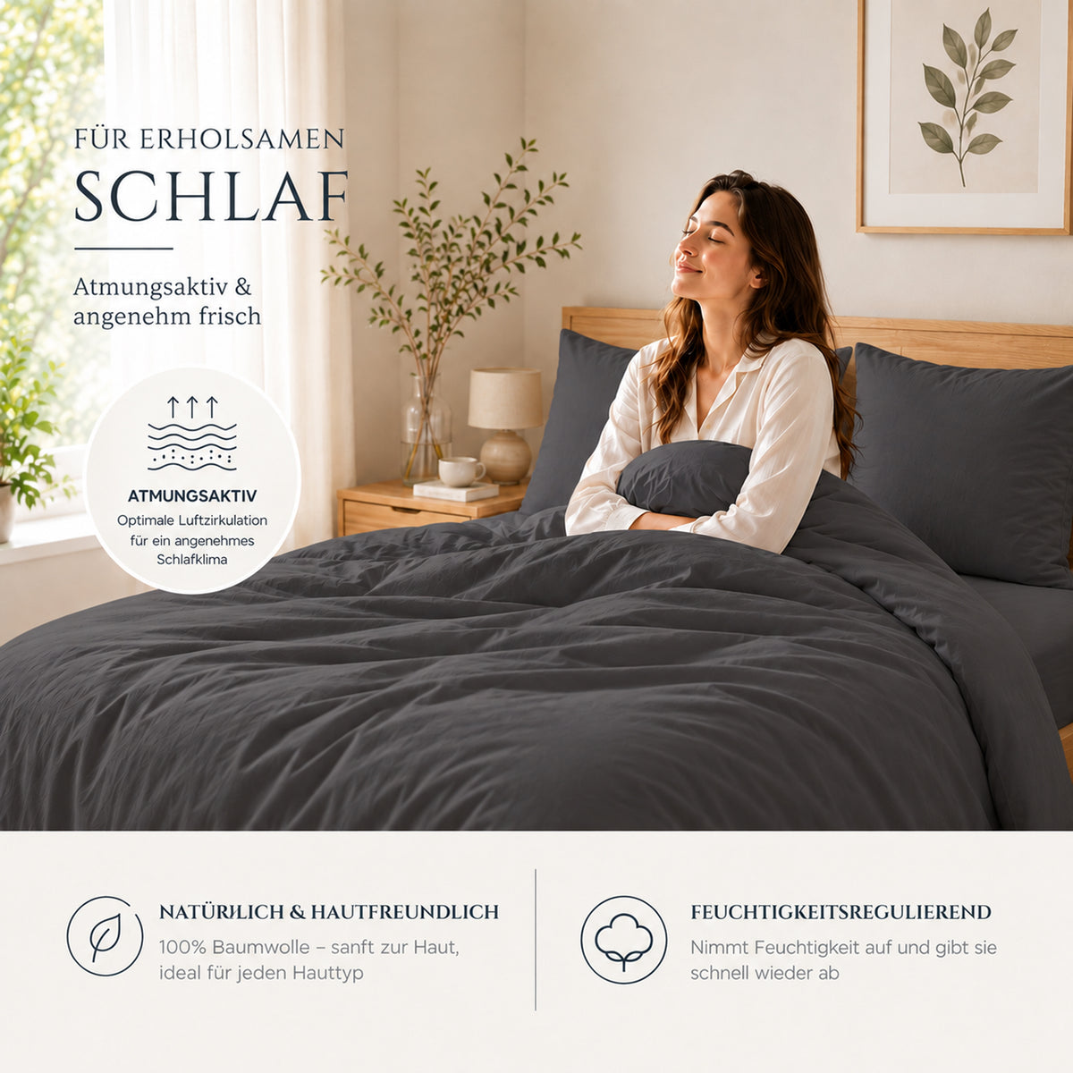 4 teilig Bettwäsche 155x220 Renforcé Uni Anthrazit – Bild 3