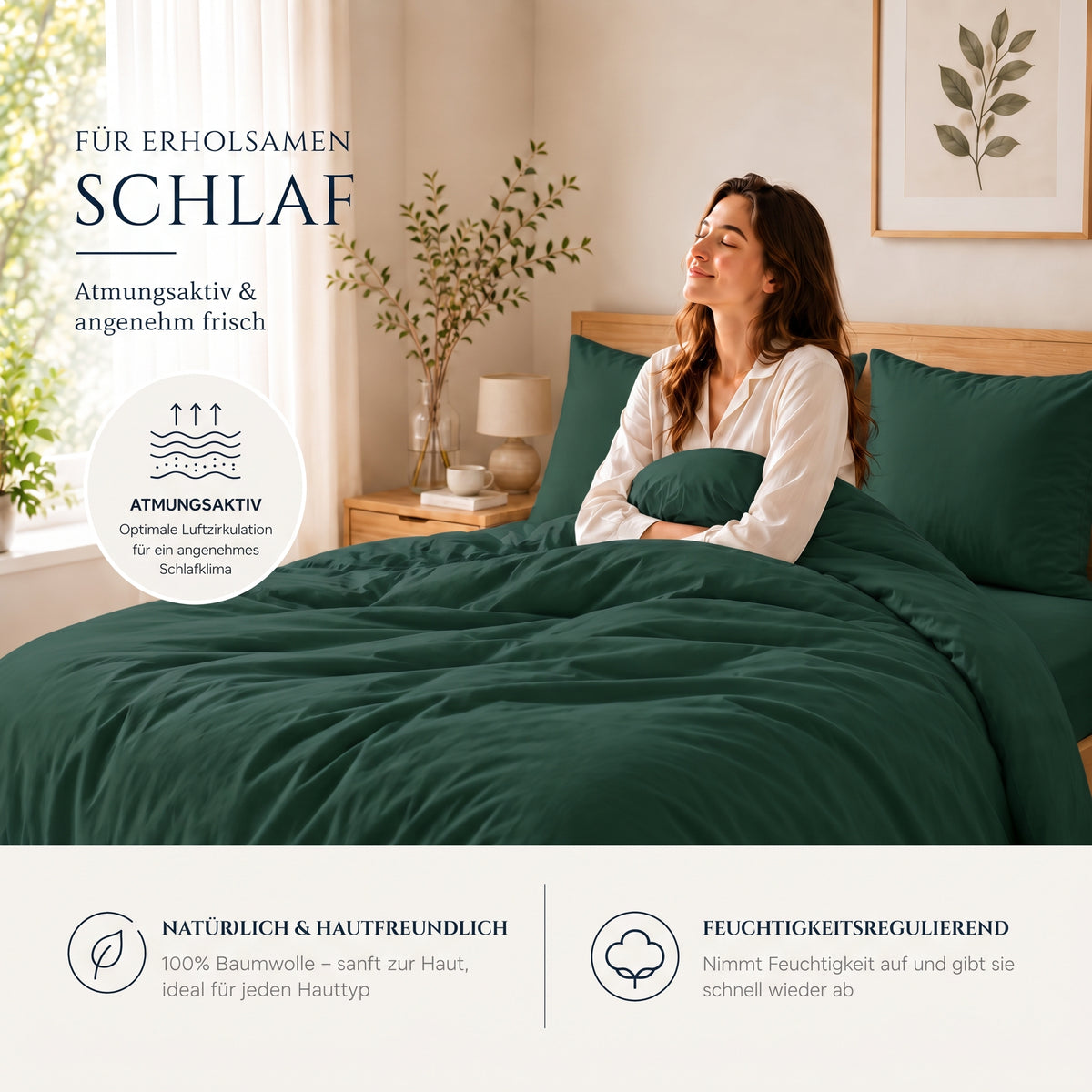 4 teilig Bettwäsche 155x220 Renforcé Uni Petrol – Bild 3