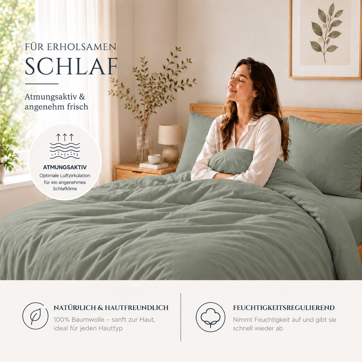 4 teilig Bettwäsche 135x200 Renforcé Uni Salbeigrün – Bild 3