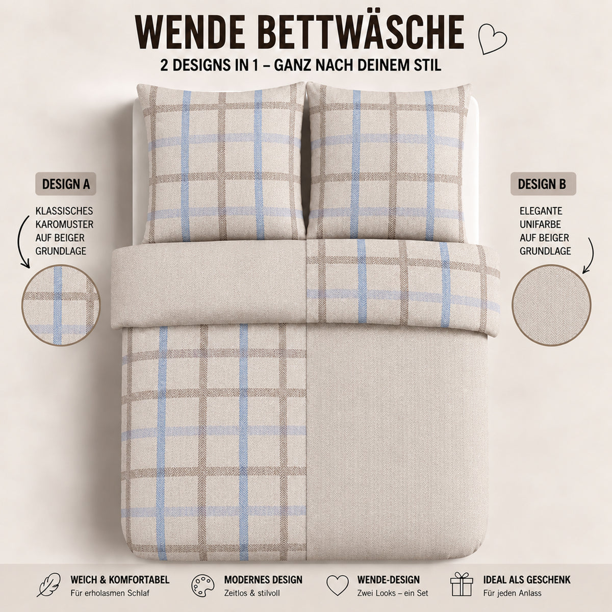 Bettwäsche Peak Beige, Reißverschluss, 80x80 cm Kissenbezug, Polycotton – Bild 4