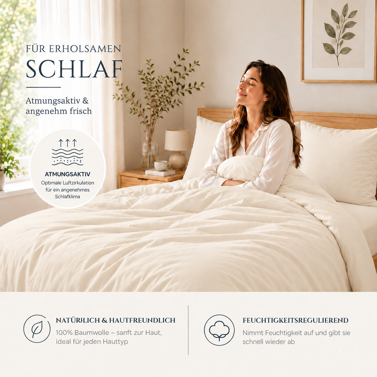 4 teilig Bettwäsche 155x220 Renforcé Uni Creme – Bild 3