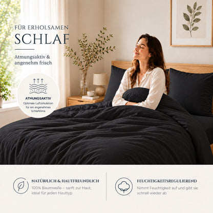 4 teilig Bettwäsche 135x200 Renforcé Uni Schwarz – Bild 3