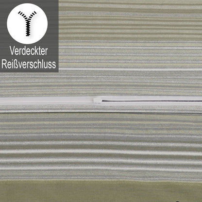 Detailansicht eines verdeckten Reißverschlusses auf der gestreiften Bettwäsche mit Grüntönen. Oben links Symbol und Text: „Verdeckter Reißverschluss“.