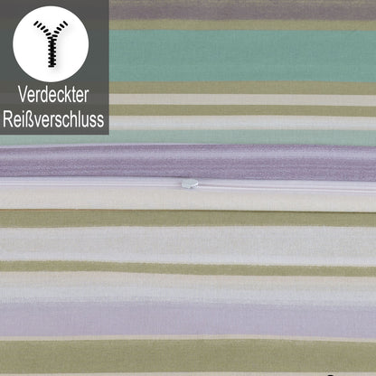 Detailansicht des verdeckten Reißverschlusses der Bettwäsche mit Streifen in Pastelltönen. Oben links Symbol und Text: „Verdeckter Reißverschluss“.
