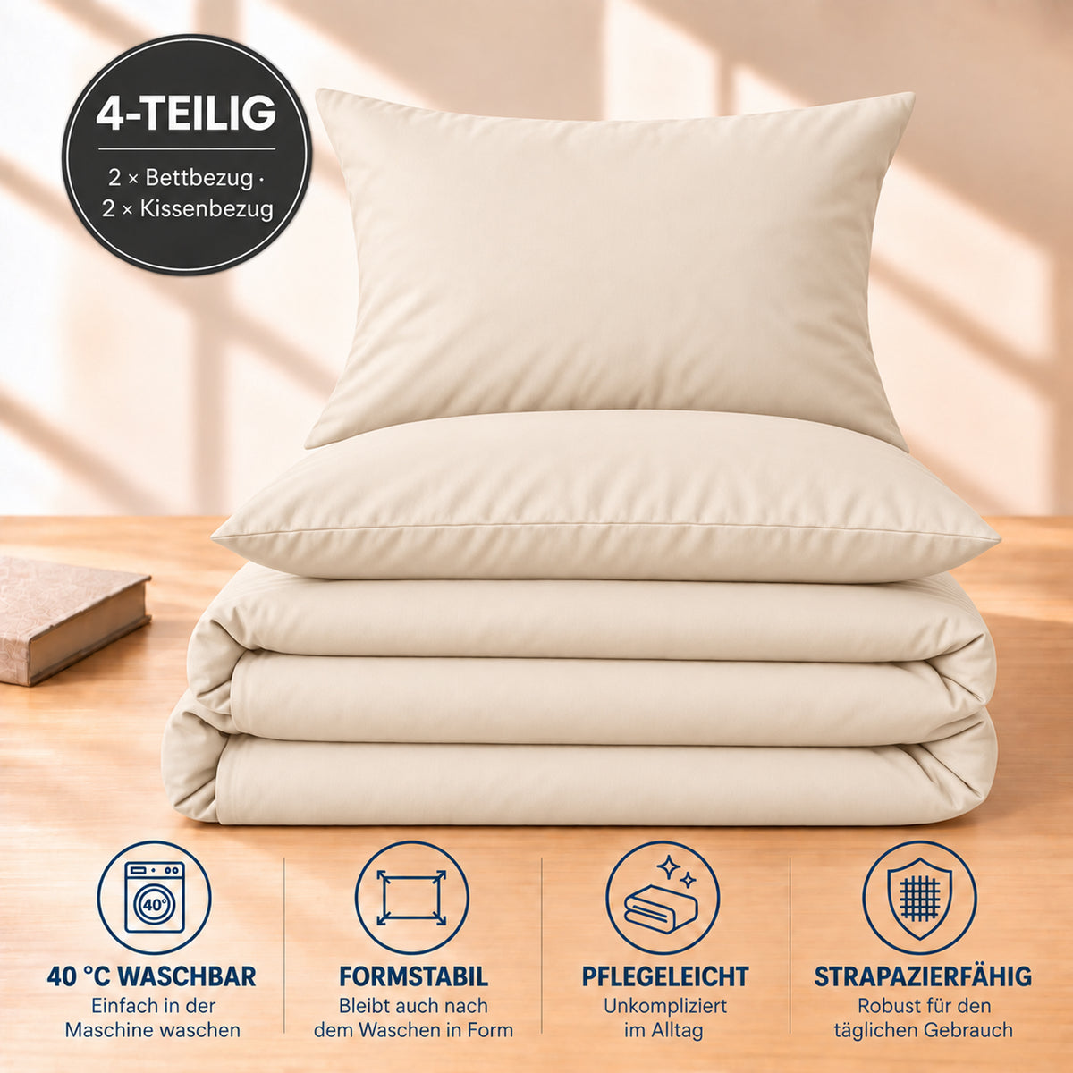 4 teilig Bettwäsche 155x220 Renforcé Uni Creme – Bild 5