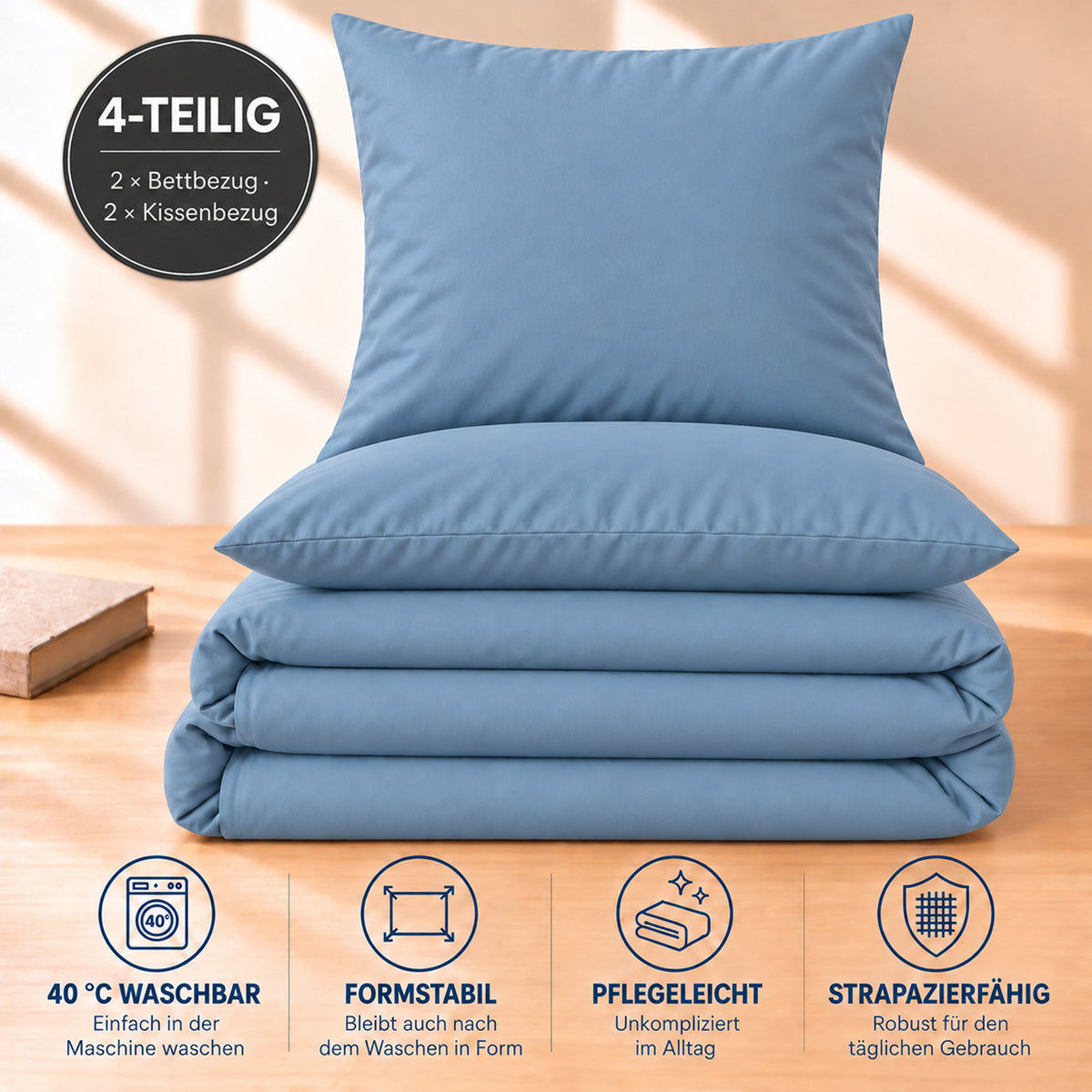 4 teilig Bettwäsche 155x220 Renforcé Uni Hellblau – Bild 5