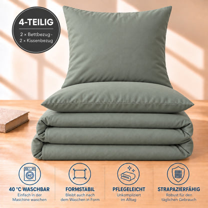4 teilig Bettwäsche 135x200 Renforcé Uni Salbeigrün – Bild 5