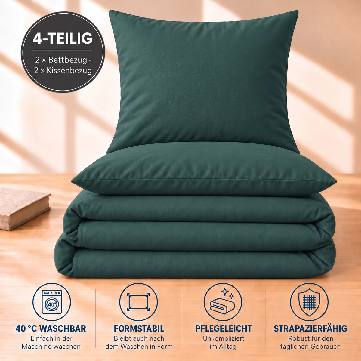 4 teilig Bettwäsche 135x200 Renforcé Uni Petrol – Bild 5