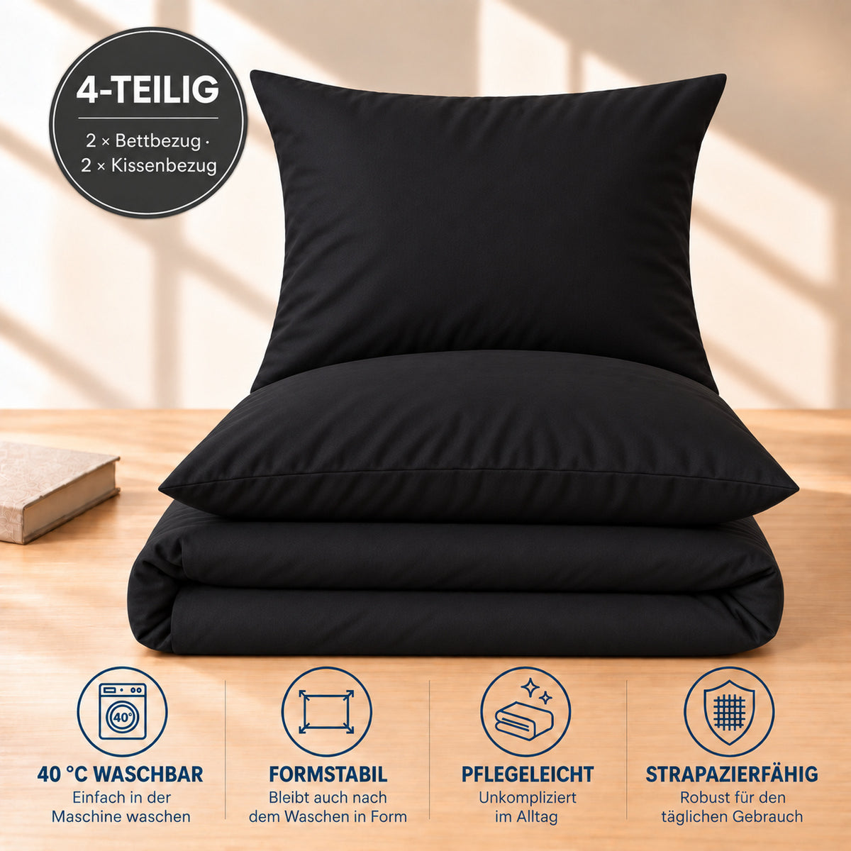 4 teilig Bettwäsche 135x200 Renforcé Uni Schwarz – Bild 5