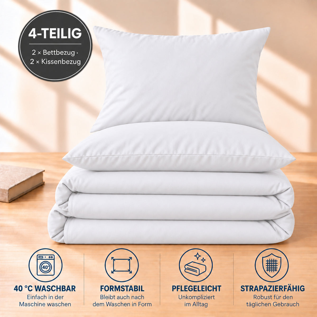 4 teilig Bettwäsche 135x200 Renforcé Uni Weiß – Bild 5