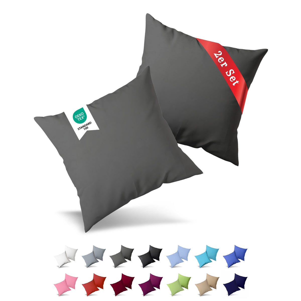 Jersey Kissenbezug, 2er-Set, 50x50 cm, Anthrazit