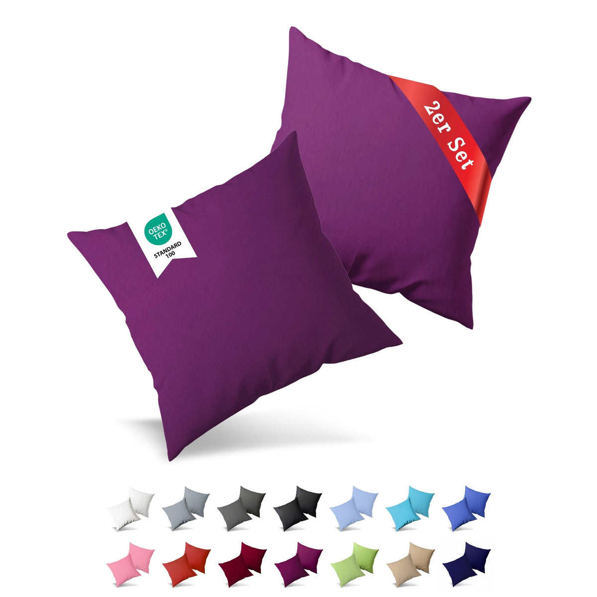 Jersey Kissenbezug, 2er-Set, 40x80 cm, Aubergine