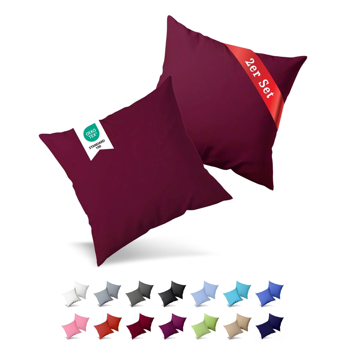 Jersey Kissenbezug, 2er-Set, 80x80 cm, Bordeaux