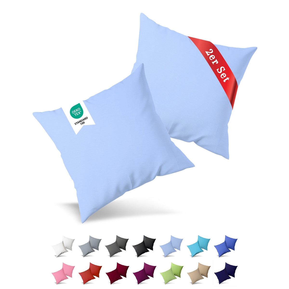 Jersey Kissenbezug, 2er-Set, 40x80 cm, Hellblau