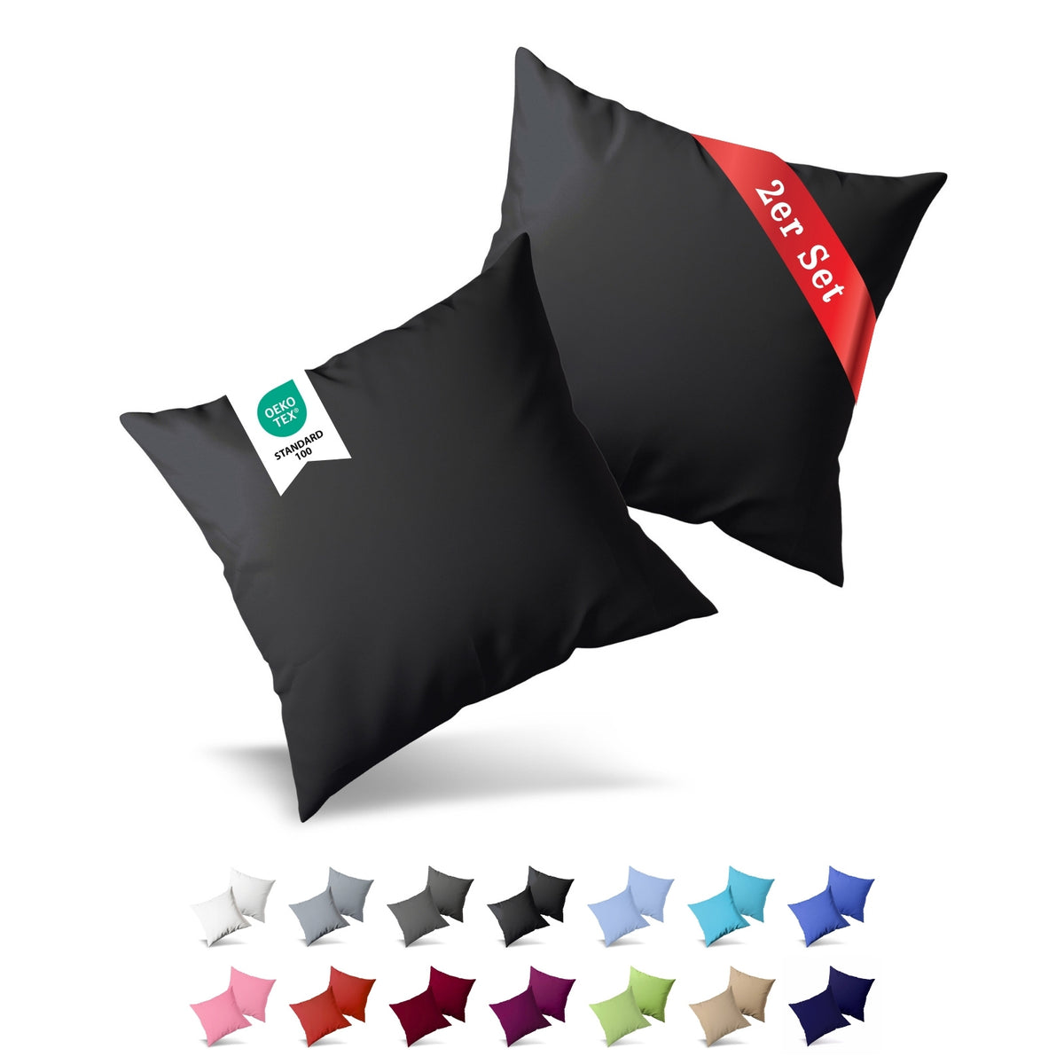 Jersey Kissenbezug, 2er-Set, 50x50 cm, Schwarz