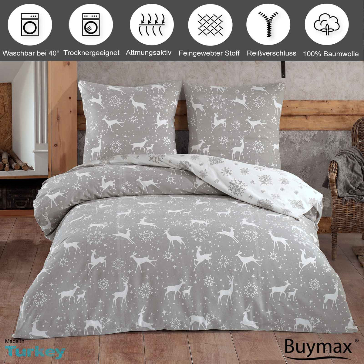 Biber Bettwäsche „Navidad“ – Rentier Design, 100% Baumwolle, Winterlich mit Reißverschluss