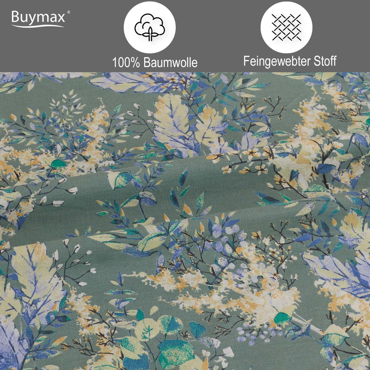 Nahaufnahme des Bettwäschestoffs mit floralen Details in Gelb, Blau und Weiß auf grünem Hintergrund. Beschriftet mit Symbolen für 100 % Baumwolle und feingewebter Stoff.