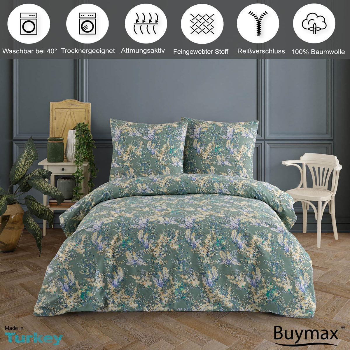 Buymax Bettwäsche-Set mit grünem Blumenmuster auf einem Doppelbett, dargestellt in einem elegant eingerichteten Schlafzimmer. Darüber Symbole für Eigenschaften: waschbar bei 40 °C, trocknergeeignet, atmungsaktiv, feingewebter Stoff, Reißverschluss, 100 % Baumwolle.