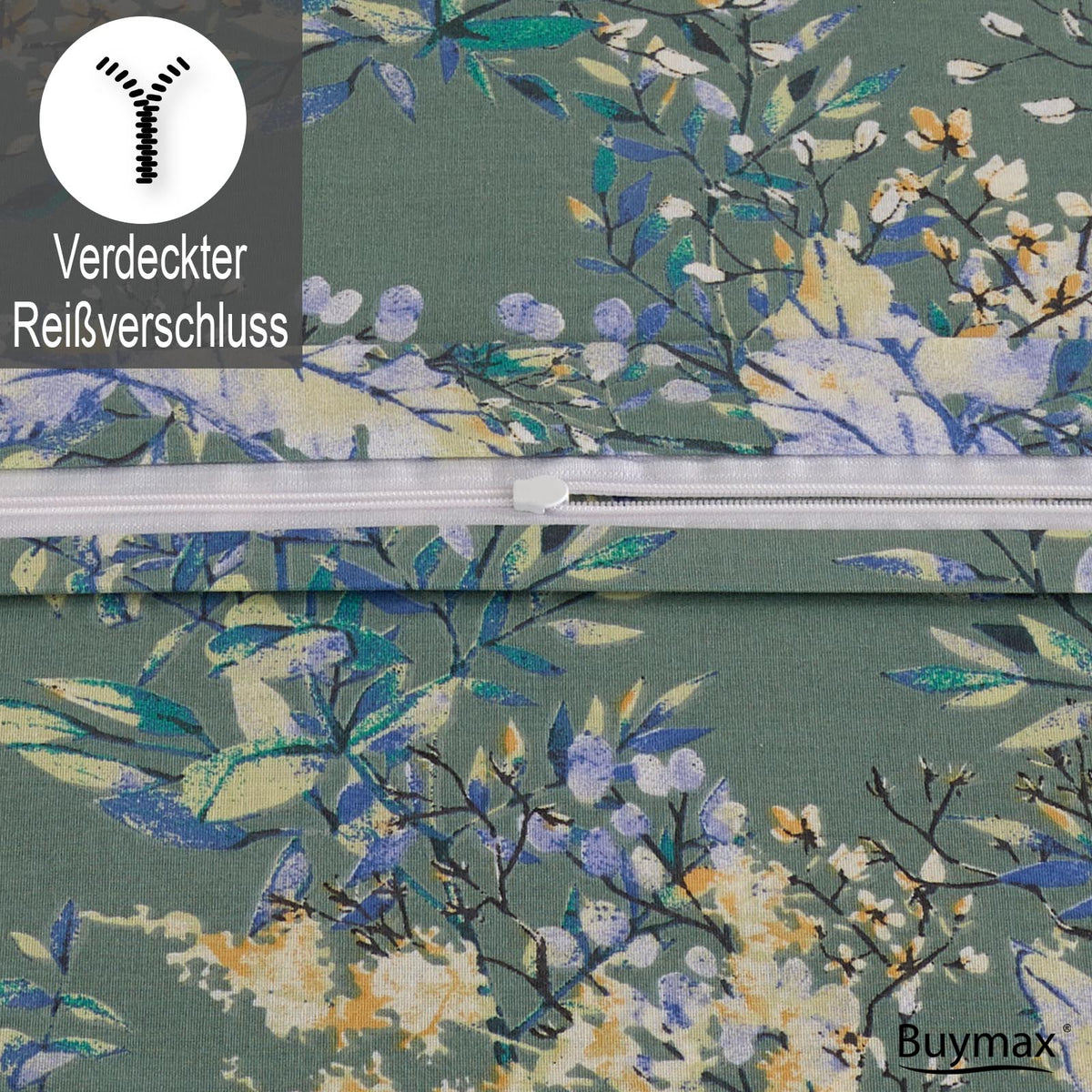 Detailansicht des verdeckten Reißverschlusses der Buymax-Bettwäsche mit grünem, floralem Design. Oben links Symbol und Text „Verdeckter Reißverschluss“.