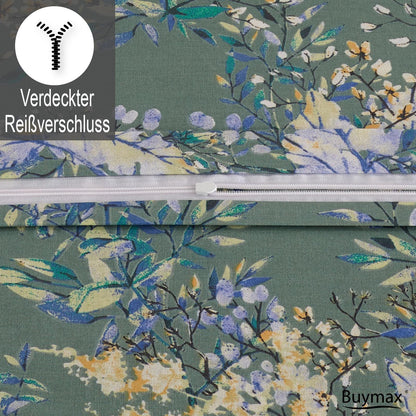 Detailansicht des verdeckten Reißverschlusses der Buymax-Bettwäsche mit grünem, floralem Design. Oben links Symbol und Text „Verdeckter Reißverschluss“.